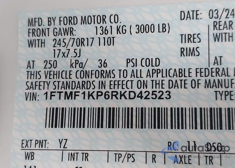 2024 Ford F-150 Xl z USA, uszkodzony, nr VIN 1FTMF1KP6RKD42523